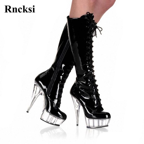 

boots rncksi spring women pole dance wedding night club party quee dress lace up 15cm heels high knee, Black