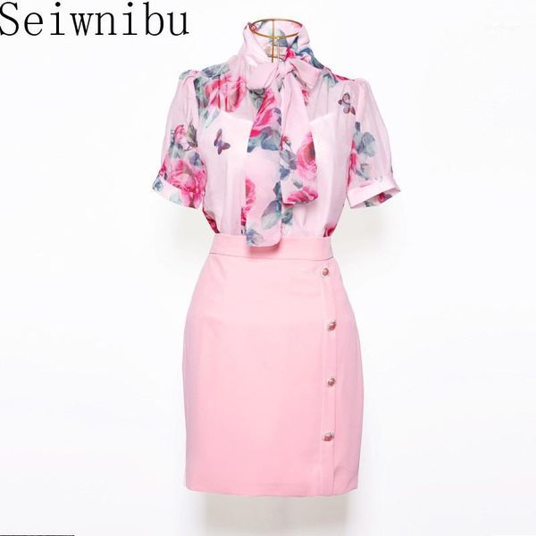 

2020 spring women's fashion new summer runway design bow rose print shirt + pearl buttons skirts suits female 2 piece sets1, White