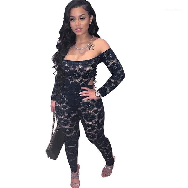 

lace designer womens rompers fashion hollow out skinny jumpsuits slash neck sheer floral print womens clothes sexy, Black;white