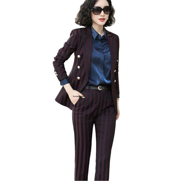 

women red black blue striped pant suit ladies latest design single breasted 2 pieces set for work, White