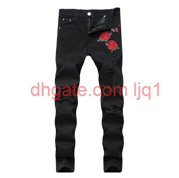

rose embroidery jeans fashion blue black ripped male pants tide slim pants