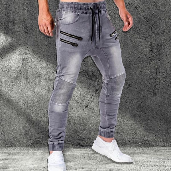 

casual men zipper drawstring pockets running skinny pants jeans jogger trousers jeans for men 2020, Blue