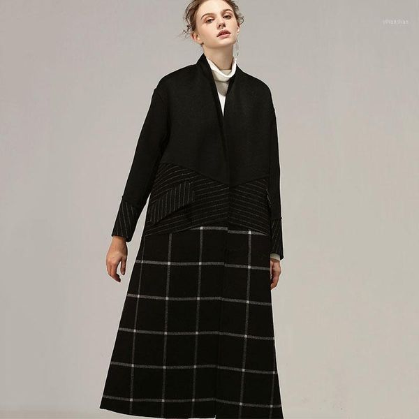 

wool coat women's wear loose large size long woolen coat female black stitching over the knee winter woolen overcoat1