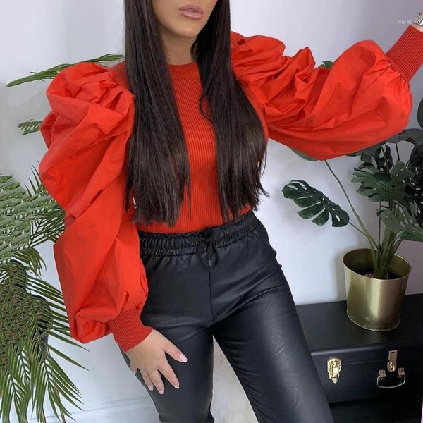 

puff sleeve knitted t-shirt women spring 2020 short tshirt solid orange plus size 2xl female office ladies causal t shirts1, White