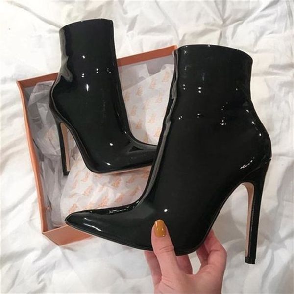 

moraima snc black patent leather woman pointed toe riding super high thin heels ankle boots t200425
