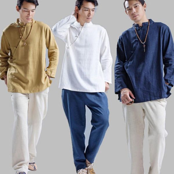 

2021 spring autumn traditional chinese clothing men shirts flax blouse long sleeve shirt ethnic blusas masculina chemise 3colors, White;black