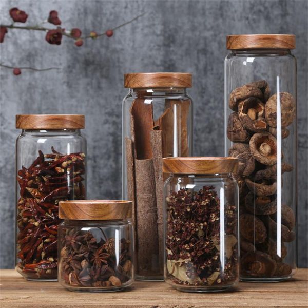 

storage bottles & jars transparent glass sealed canister kitchen with bamboo lid grains leaf coffee beans candy jar