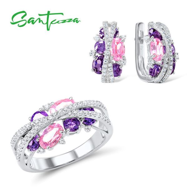 

santuzza 925 silver jewelry set for women sparkling purple amethyst pink cubic zirconia earrings ring set luxury fine jewelry 200923