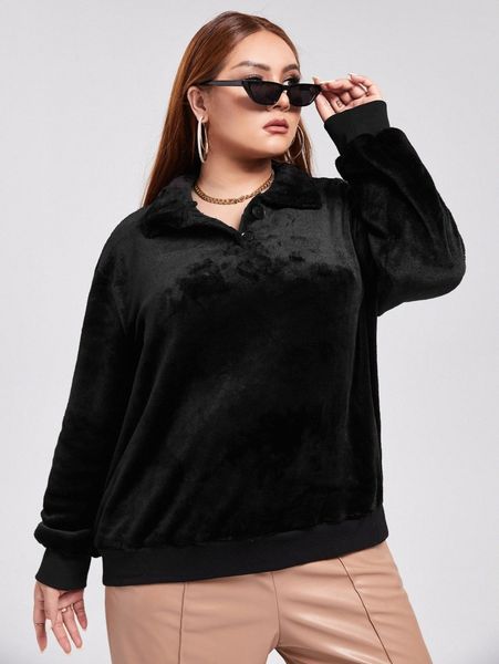 

plus button front drop shoulder sweatshirt n64z#, Black