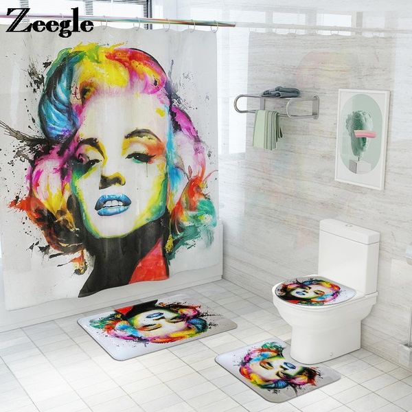 

zeegle fashion girl printed bathroom anti-slip mat and shower curtain 4-piece set toilet mat microfiber bathroom carpet foot