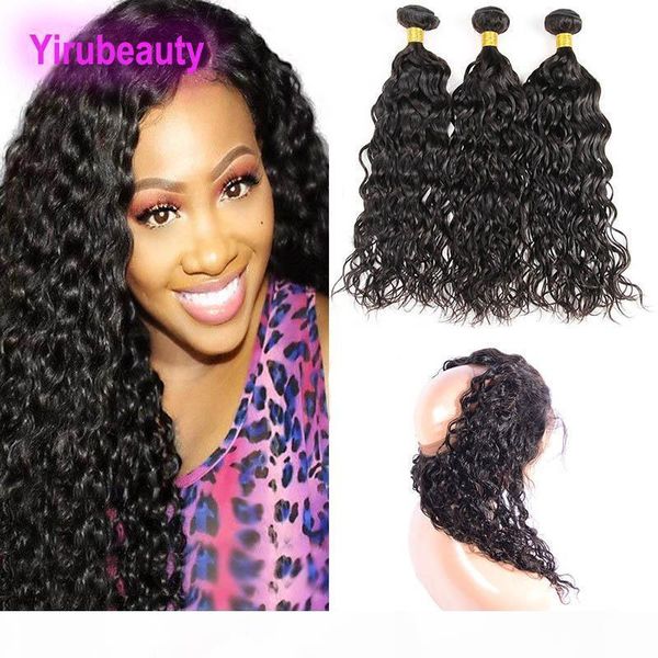 

peruvian human hair 3 bundles with 360 lace frontal nautral black water wave peruvian human hair extensions weaves with lace frontal, Black;brown