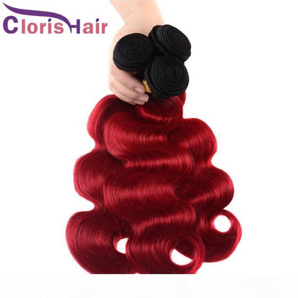

colored 1b red peruvian virgin human hair 3 bundles body wave ombre weaves wavy dark roots red ombre extensiones de cabello deals, Black