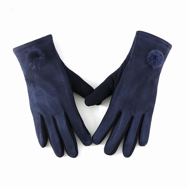 

winter new ladies suede touch screen warm gloves, fashion fur ball decoration windproof riding gloves b75, Blue;gray