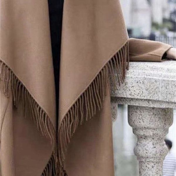 

women trench 2020 suit collar tassel woolen coat women double-sided coat pure color loose y1126, Black