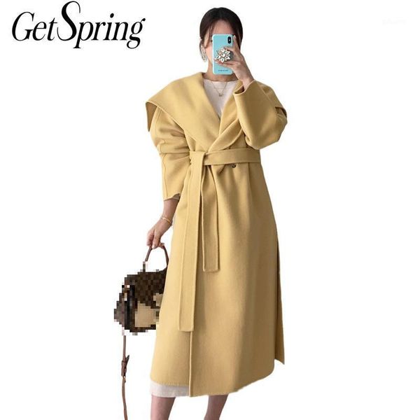 

getspring women woolen coats bandage vintage winter coat women yellow apricot long overcoat 2020 new fashion overcoat1, Black
