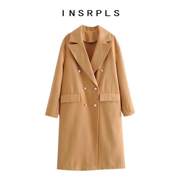 

insrpls women fashion double breasted loose woolen coat vintage long sleeve back vents female outerwear chic overcoat, Black