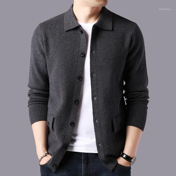 

2020 new autumn and winter high-grade knit cardigan men's sweater coat slim wool bottoming shirt solid casual turn-down collar1, White;black