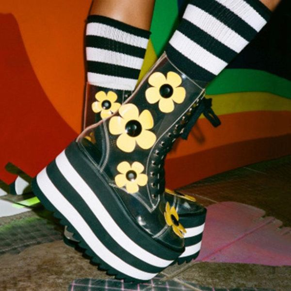 

boots with thick-soled flat transparent lace-up front platform ultra-high heel floral perspective design shoes lady, Black
