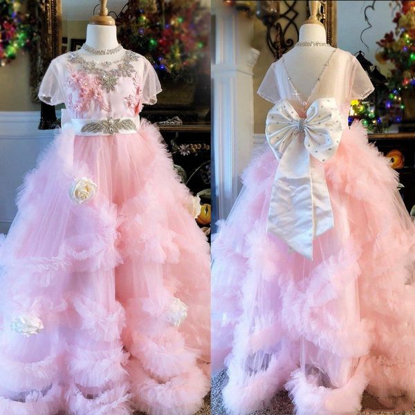 

2020 pink flower girls dresses jewel neck beads hand made flowers bow tulle pageant dresses floor length girls party gowns, White;blue
