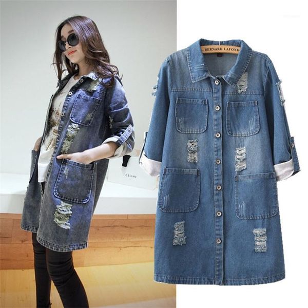 Jaquetas das Mulheres Atacado - Casacos Oversized Mulheres Denim Casaco Casual Camisa Outono Casual Feminino Longa Jean Chaquetas Mujer Plus Tamanho 5XL C24191