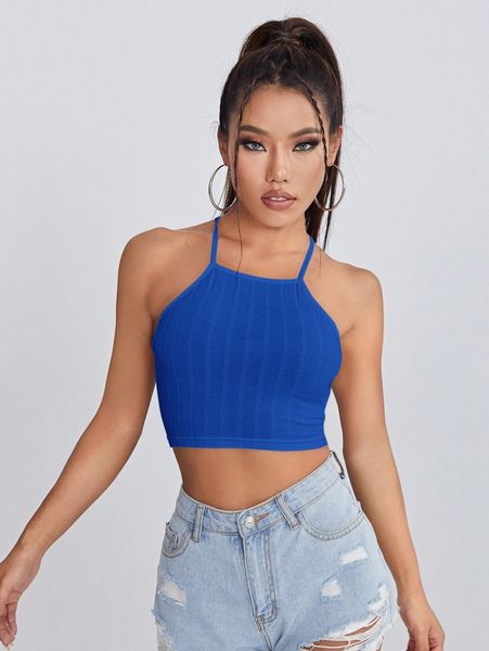 

criss cross tied backless rib-knit cami p1kt#, White