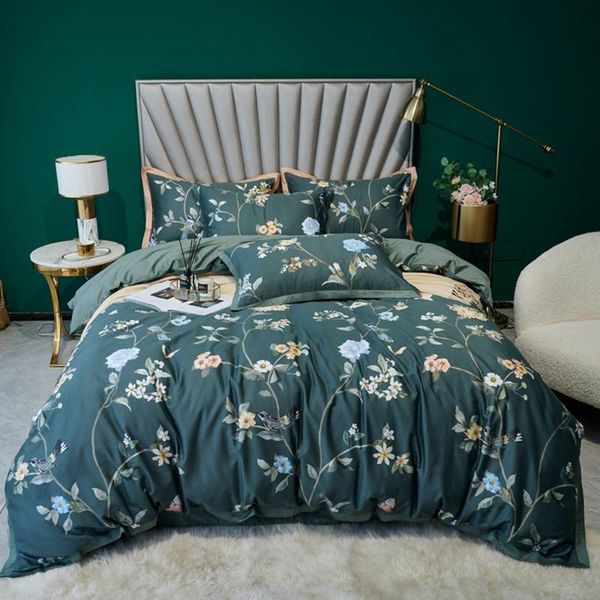 

bedding sets 100%egyptian cotton pastoral set deep green bedclothes floral flower print satin duvet cover  king size hometexitle
