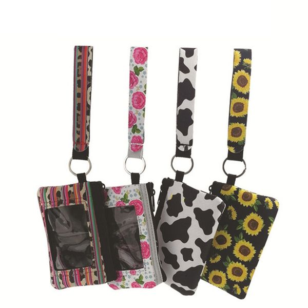 

neoprene wristlet keychain id card bag mini wristlet zipper pouch with key belt sunflower strip leopard lanyard purse key ring