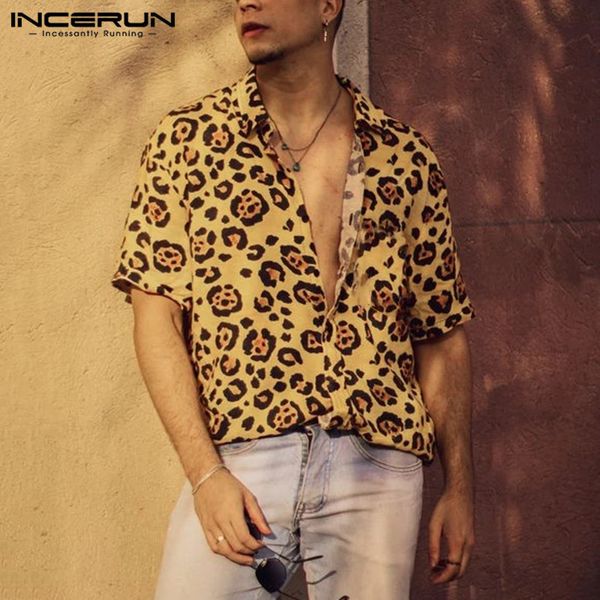 

summer men leopard print shirt short sleeve 2020 streetwear lapel casual stylish hawaiian shirts chic beach camisa s-5xl incerun c1211, White;black
