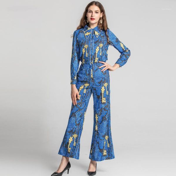 

red roosarosee designer 2020 spring summer women 2 piece set long sleeve abstract print blouse + long flares pants twinset suit1, White