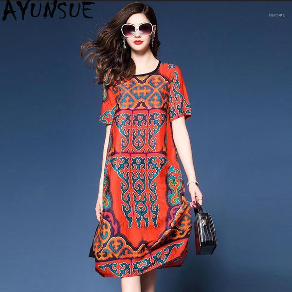 

ayunsue 2020 new summer red retro silk casual dress for women elegant plus size midi dress print floral dresses vestido kj18891, Black;gray