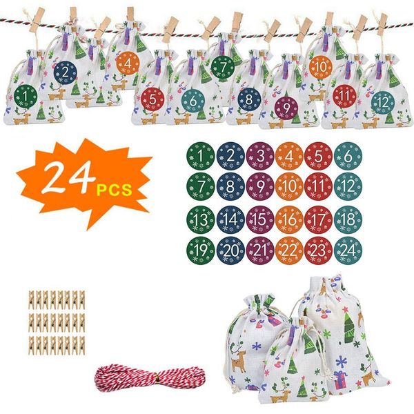 

24pcs christmas advent calendar countdown bag hanging candy gift sacks pouch with clips stickers rope home christmas decoration wmtvpu