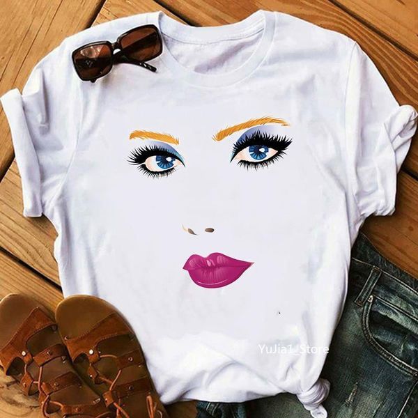 

lip eyes make up fashion illustration printed tshirt women summer female t-shirt hipster streetwear cute girl tees, White