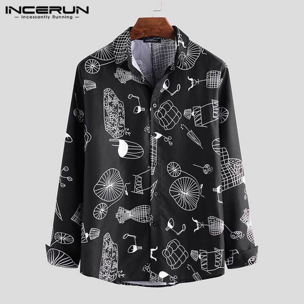

incerun korean style printing shirt men streetwear 2020 lapel long sleeve stylish button loose camisa casual shirts s-5xl c1211, White;black