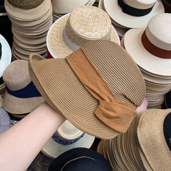 

foldable cotton and hemp decorative belt lafite straw hat, Blue;gray