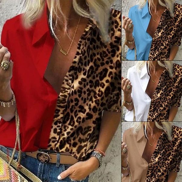 

women blouses 2020 autumn long sleeve turn down collar office blouse shirt casual leopard stitching blusas femininas, White