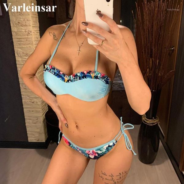 

floral halter push up bikini women swimwear female swimsuit two-pieces bikini set ruffled frilled bather bathing suit v21671, White;black