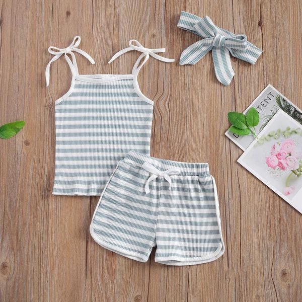 

clothing sets pudcoco toddler baby girl clothes sleeveless striped print round collar strap short pants headband 3pcs outfits, White