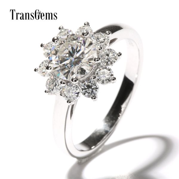 Transgemems 2 CTW Carat Lab crescido Moissanite Diamante Flor em forma de casamento anel de noivado halo 14k ouro branco para as mulheres Y200620