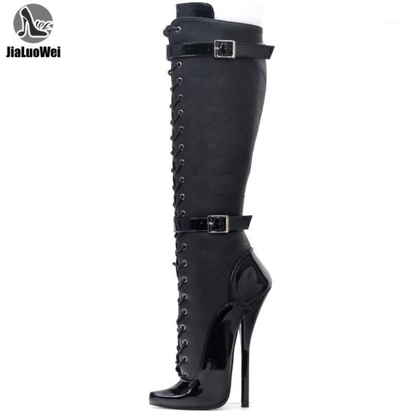 

jialuowei exotic extreme fetish lace up7 inch steel heel pata ballet knee high boots size 5-151, Black