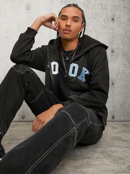 

men letter embroidery kangaroo pocket drawstring hoodie 57qk#, Black