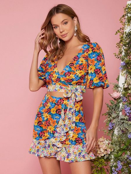 

allover floral knot hem and ruffle wrap skirt set z9so#, White