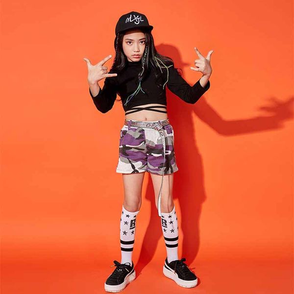 

kids jazz dance costumes hip hop clothing black long sleeve camouflage shorts girls children street dance clothes bdy028, Black;red