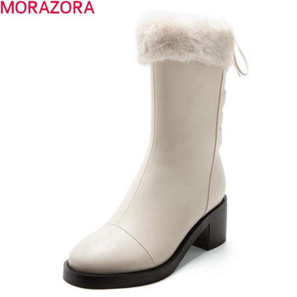 

boots morazora 2021 winter women genuine leather thick heels square toe keep warm ankle black white