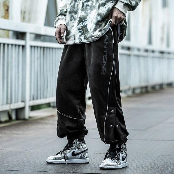 

men's clothes overalls japanese trendy hiphop loose comfortable drawstring buttoned casual trousers harajuku jogger cargo pants, Black
