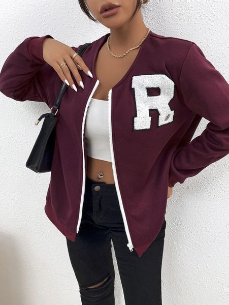 

letter patch detail zip up jacket a2xr#, Black;brown