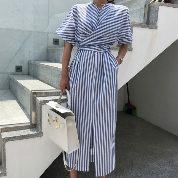 

korean women summer cotton blue striped bandage split long dress female long bodycon plus size vestido robe femme ete sukienki t200416, Black;gray