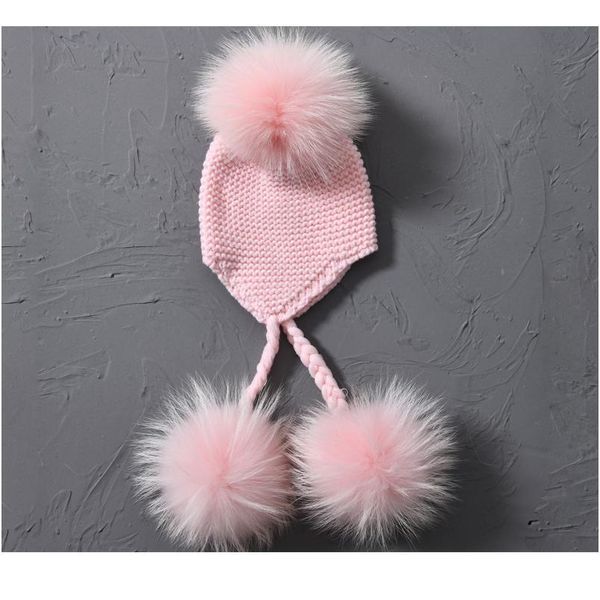 

2017 baby winter real fur hats for children girls natural fur pompom beanie cap kids raccoon fur pom pom ball croc qyleke