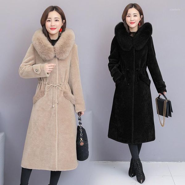 

quality sheep sheared winter fur coat women lace-up long coat loose plus size jacket hooded faux fur collar overcoat 20201, Black
