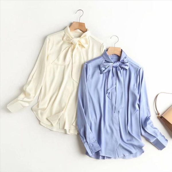 

office lady shirt women bow tie silk blouse women elegant stain blue white ropa mujer vintage blusas mujer de moda 2020 za