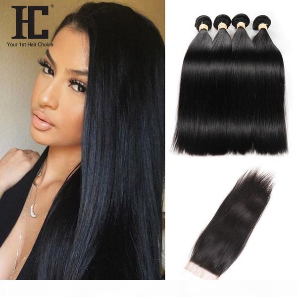

hc hair malaysian virgin hair 4 bundles with closure silky straight human bundles with closure hair extension, Black